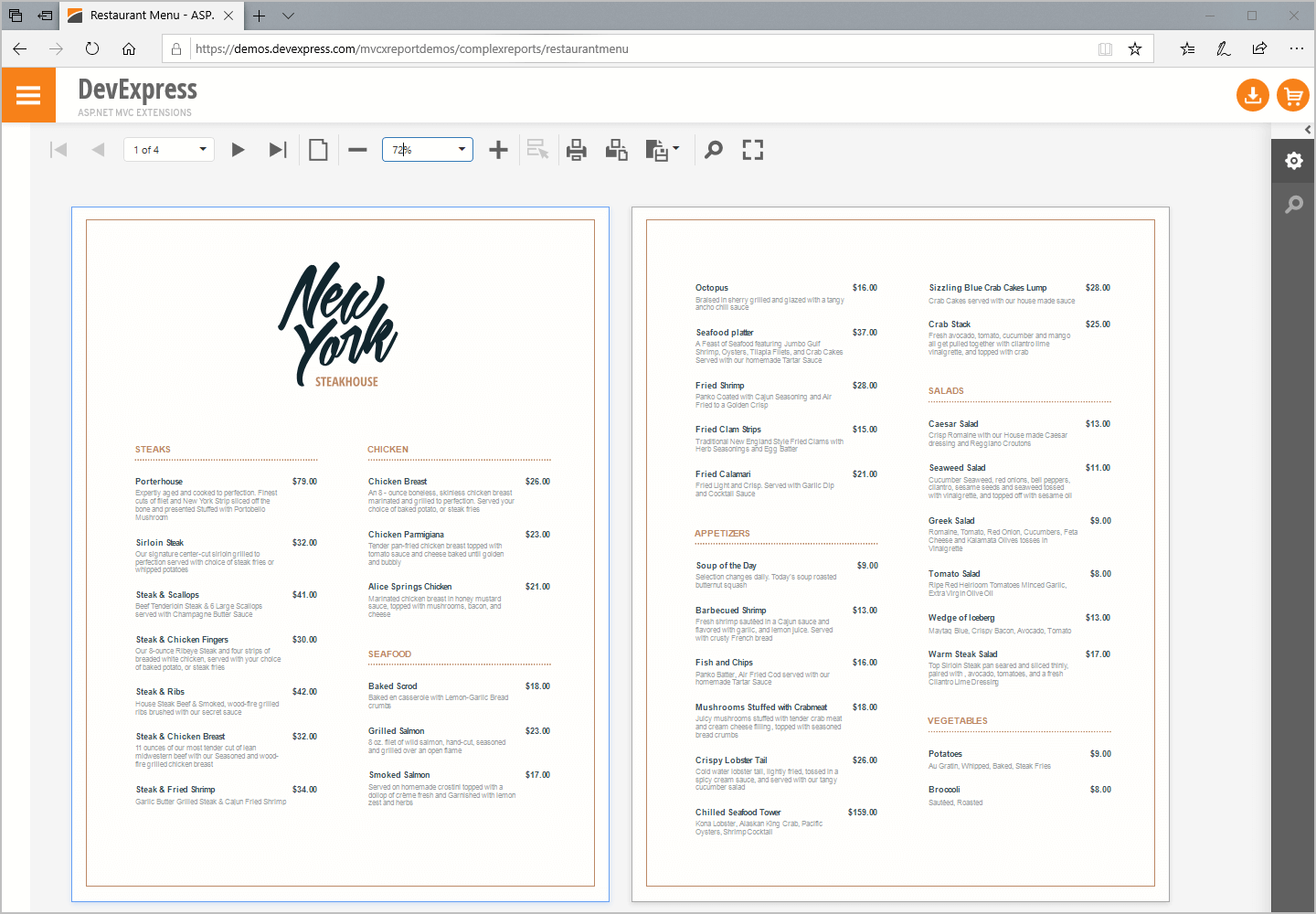 Restaurant Menu - ASP.NET Reporting, DevExpress